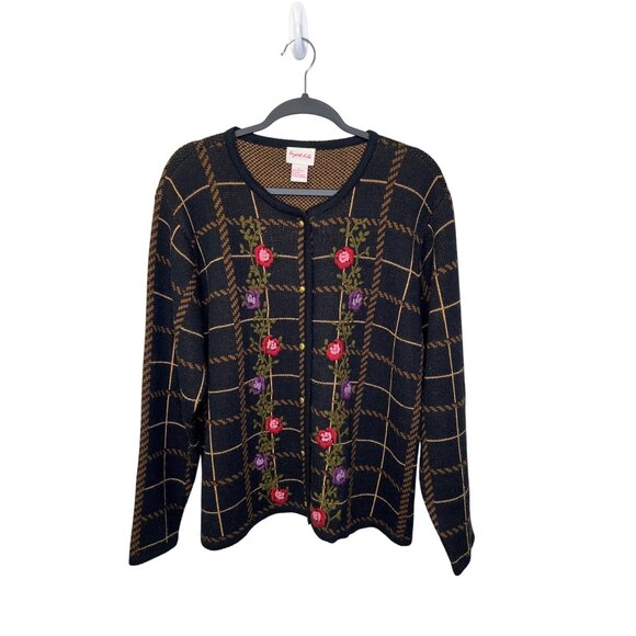 Crystal-Kobe Womens Floral Embroidered Knit Cardigan Sweater Sz LRG Grandmacore - Picture 1 of 9